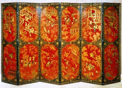 Zesvoudig scherm met Europese figuren in panelen van rood met zwarte randen, ca. 1720 door Chinese School